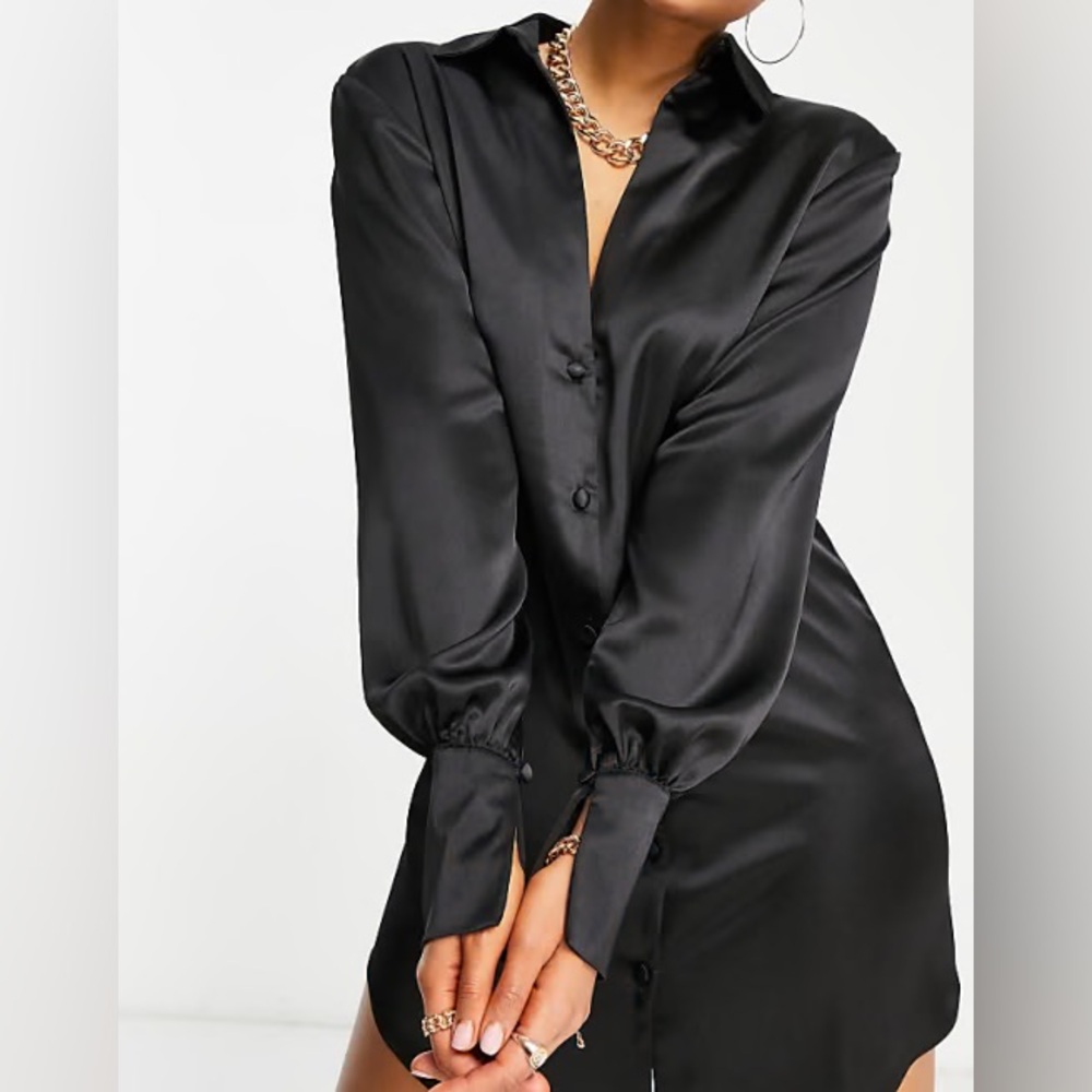 ASOS DESIGN slouchy satin Plunge shirt mini dress in Black